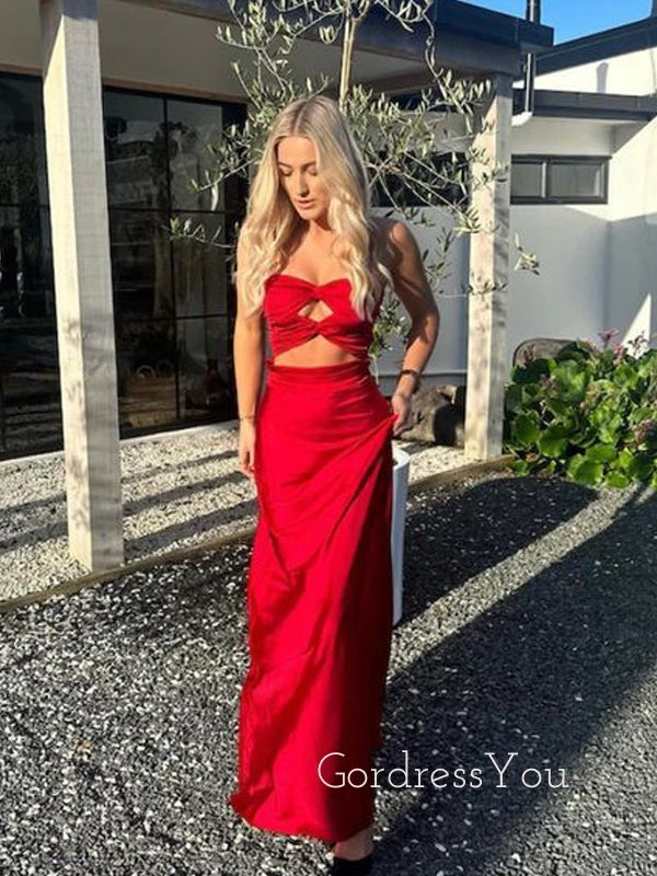 Popular Red Satin Sweetheart Long Evening Prom Dresses, GR0575