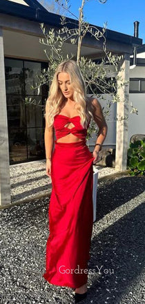 Popular Red Satin Sweetheart Long Evening Prom Dresses, GR0575