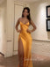 Simple Gold Satin Mermaid Long Evening Prom Dresses, High Slit Prom dress, GR0576