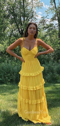 A-line Yellow Spaghetti Straps Long Evening Prom Dresses, GR0577