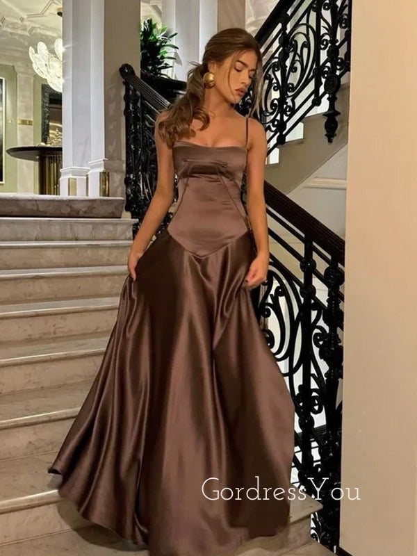 Gorgeous Spaghetti Straps Dark Brown Satin Long Evening Prom Dresses,GR0578