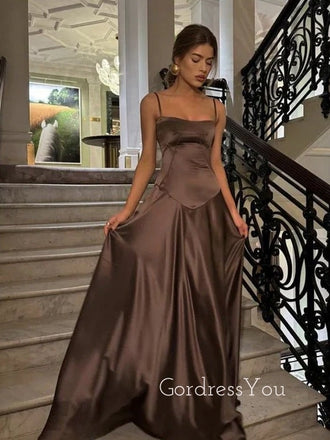 Gorgeous Spaghetti Straps Dark Brown Satin Long Evening Prom Dresses,GR0578