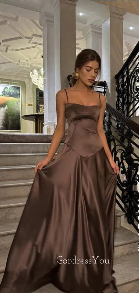 Gorgeous Spaghetti Straps Dark Brown Satin Long Evening Prom Dresses,GR0578