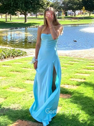 Simole Blue Satin Mermaid Side Slit Long Evening Prom Dresses, GR0579