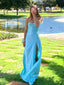 Simole Blue Satin Mermaid Side Slit Long Evening Prom Dresses, GR0579
