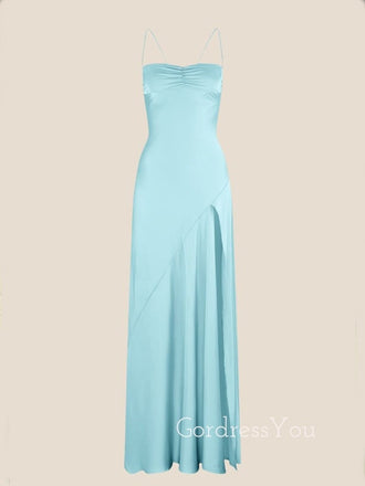 Simole Blue Satin Mermaid Side Slit Long Evening Prom Dresses, GR0579