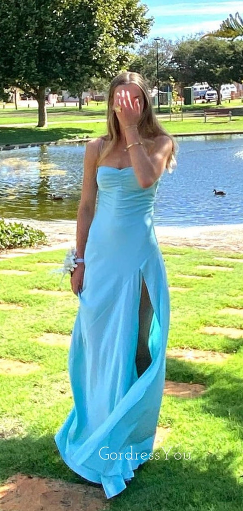 Simole Blue Satin Mermaid Side Slit Long Evening Prom Dresses, GR0579