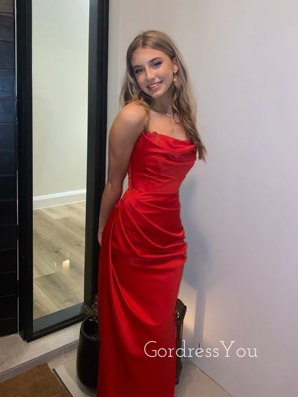 Strapless Red Satin Mermaid Long Evening Prom Dresses, GR0580