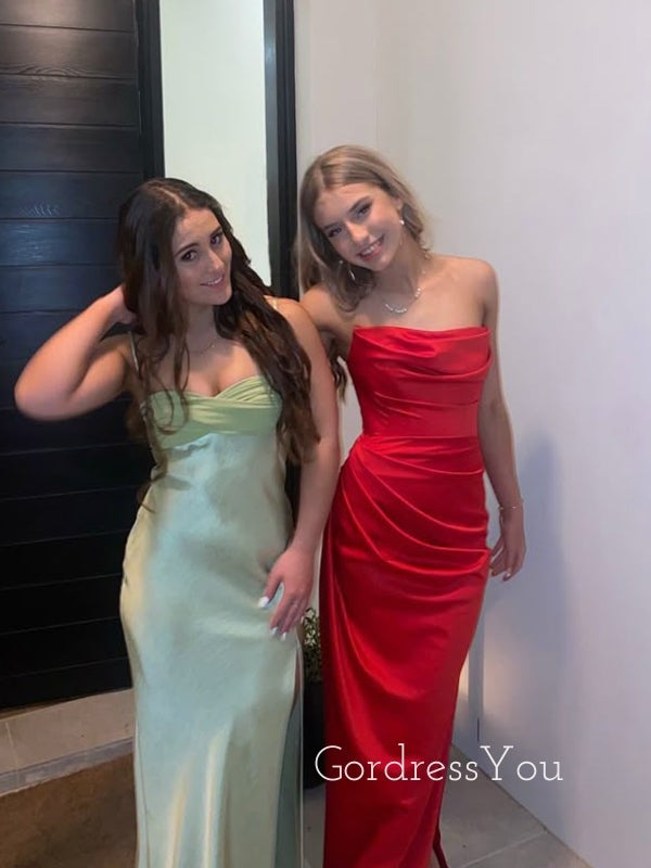 Strapless Red Satin Mermaid Long Evening Prom Dresses, GR0580