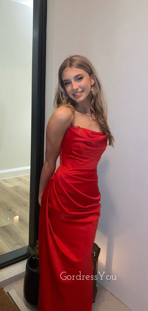 Strapless Red Satin Mermaid Long Evening Prom Dresses, GR0580