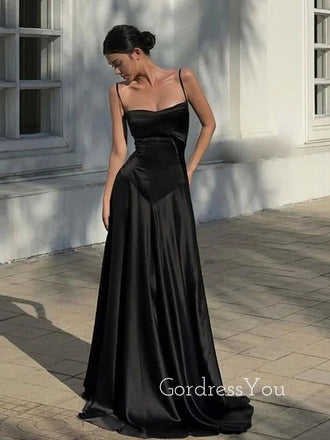 Spaghetti Straps Black Satin Long Evening Prom Dresses,GR0582