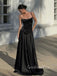 Spaghetti Straps Black Satin Long Evening Prom Dresses,GR0582
