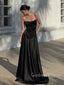 Spaghetti Straps Black Satin Long Evening Prom Dresses,GR0582