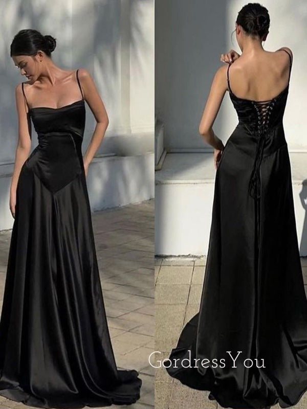 Spaghetti Straps Black Satin Long Evening Prom Dresses,GR0582