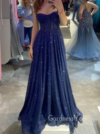 Sparkly Blue A-line Spaghetti Straps Long Evening Prom Dresses, GR0583