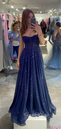 Sparkly Blue A-line Spaghetti Straps Long Evening Prom Dresses, GR0583