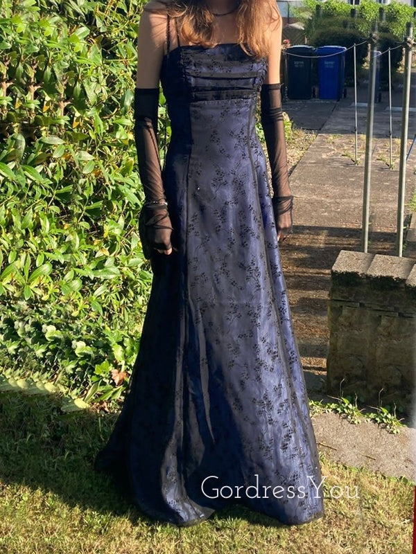 Gorgeous Blue Satin Black Lace Long Evening Prom Dresses, Spaghetti Straps Prom Dress, GR0585