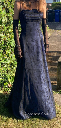 Gorgeous Blue Satin Black Lace Long Evening Prom Dresses, Spaghetti Straps Prom Dress, GR0585