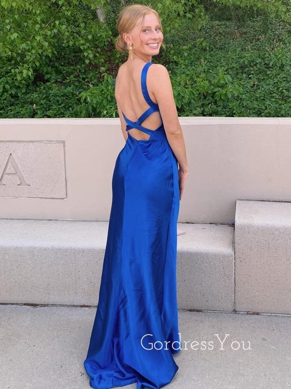 Backless V-neck Satin Long Evening Prom Dresses, GR0586