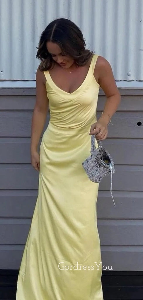 Backless V-neck Satin Long Evening Prom Dresses, GR0586