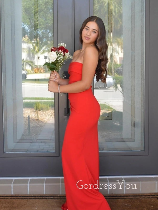 Simple Strapless Side Slit Mermaid Long Evening Prom Dresses, GR0587