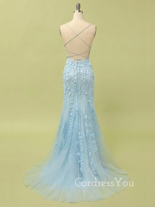 Formal Tulle Appliques Spaghetti Straps Long Mermaid Evening Prom Dresses, GR0588