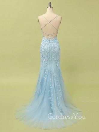 Formal Tulle Appliques Spaghetti Straps Long Mermaid Evening Prom Dresses, GR0588