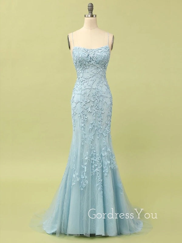 Formal Tulle Appliques Spaghetti Straps Long Mermaid Evening Prom Dresses, GR0588
