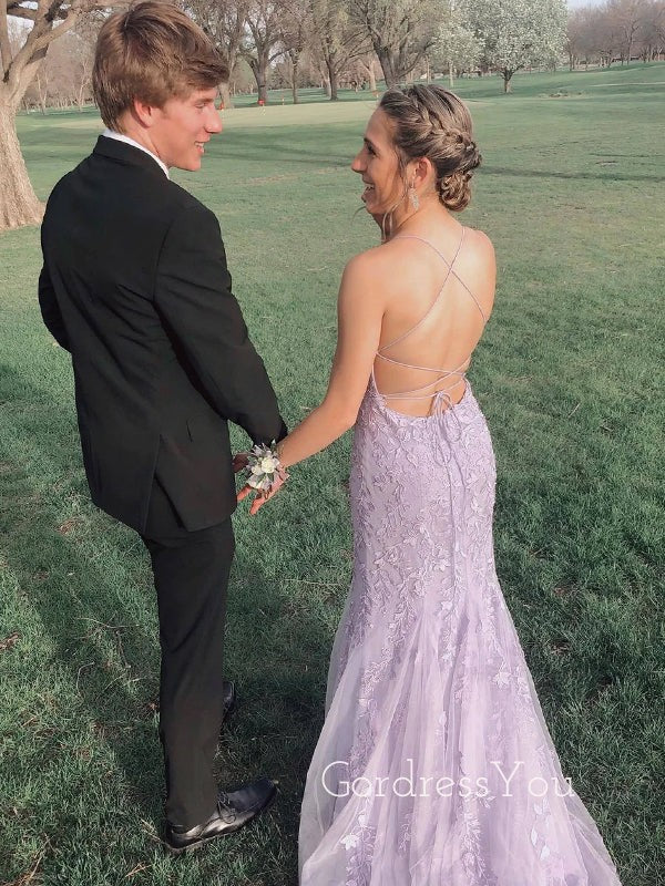 Formal Tulle Appliques Spaghetti Straps Long Mermaid Evening Prom Dresses, GR0588