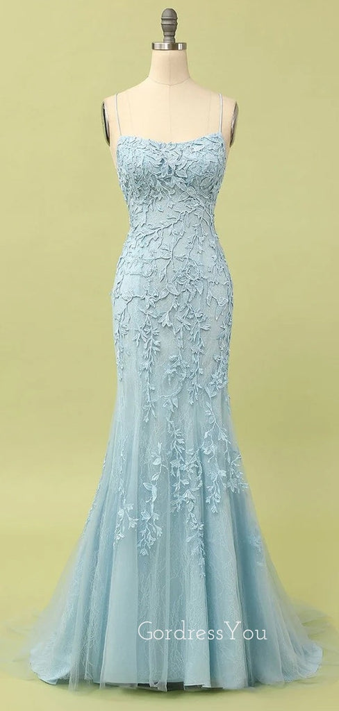 Formal Tulle Appliques Spaghetti Straps Long Mermaid Evening Prom Dresses, GR0588