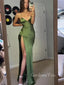 Simple Green Silk Spaghetti Straps V-neck Long Evening Prom Dresses, GR0592