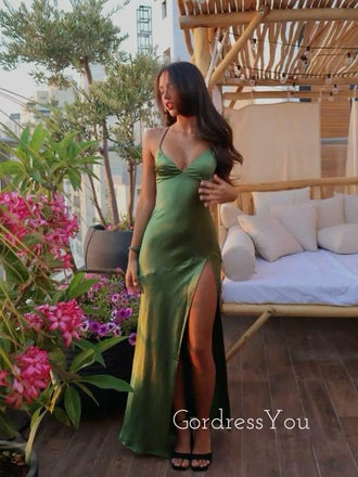 Simple Green Silk Spaghetti Straps V-neck Long Evening Prom Dresses, GR0592
