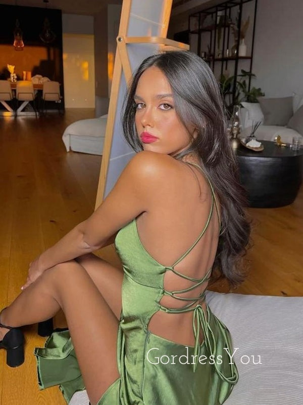 Simple Green Silk Spaghetti Straps V-neck Long Evening Prom Dresses, GR0592