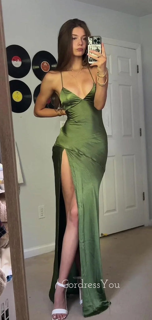 Simple Green Silk Spaghetti Straps V-neck Long Evening Prom Dresses, GR0592