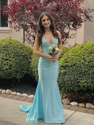 Deep V-neck Blue Mermaid Backless Long Evening Prom Dresses, GR0596