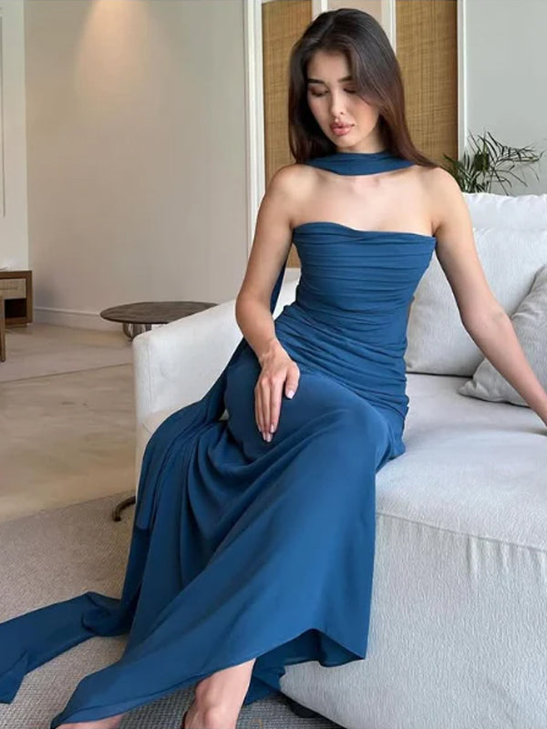 Formal Navy Blue Chiffon Strapless Long Evening Prom Dresses, GR0598