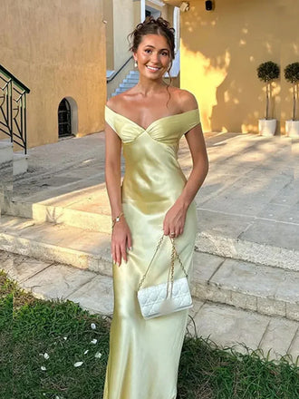 Simple Yellow Satin Mermaid Long Evening Prom Dresses, Off Shoulder Prom Dress, GR0599