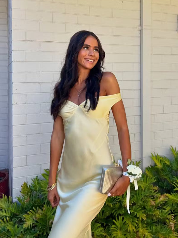 Simple Yellow Satin Mermaid Long Evening Prom Dresses, Off Shoulder Prom Dress, GR0599