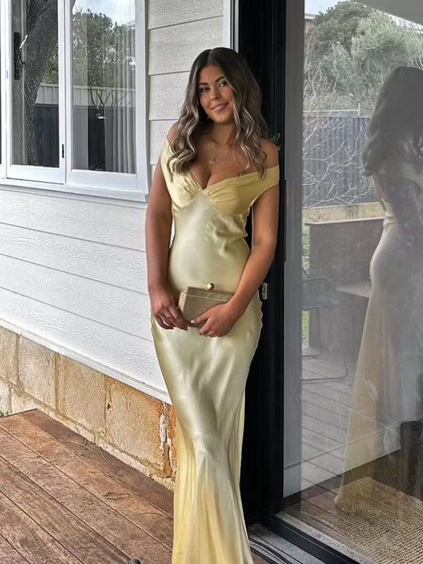 Simple Yellow Satin Mermaid Long Evening Prom Dresses, Off Shoulder Prom Dress, GR0599