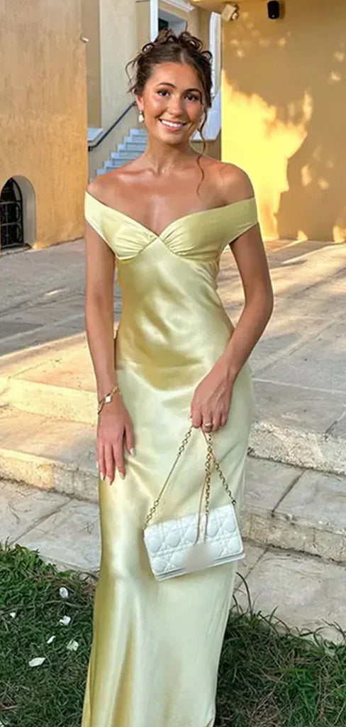Simple Yellow Satin Mermaid Long Evening Prom Dresses, Off Shoulder Prom Dress, GR0599