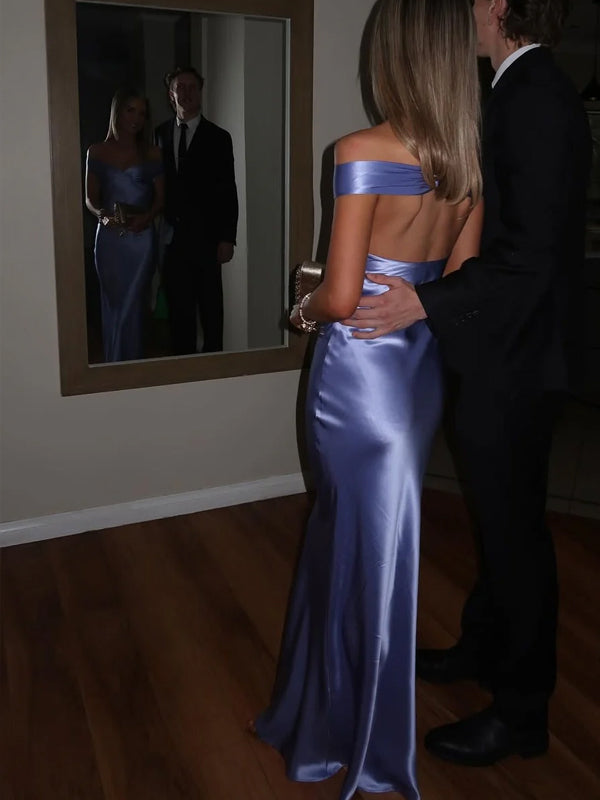 Off Shoulder Satin Mermaid Long Evening Prom Dresses, V-neck Prom Dress, GR0600