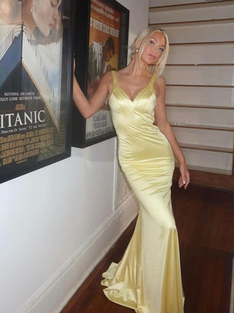 Formal V-neck Mermaid Yellow Satin Long Evening Prom Dresses, GR0603