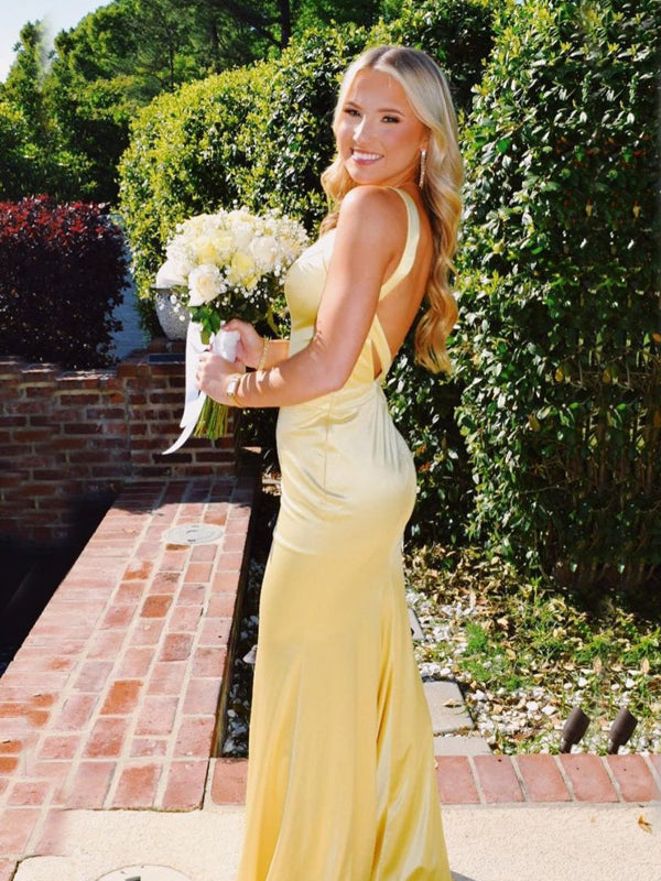 Formal V-neck Mermaid Yellow Satin Long Evening Prom Dresses, GR0603