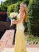 Formal V-neck Mermaid Yellow Satin Long Evening Prom Dresses, GR0603