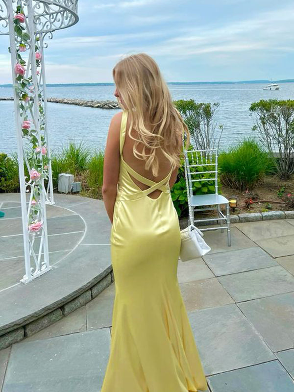 Formal V-neck Mermaid Yellow Satin Long Evening Prom Dresses, GR0603