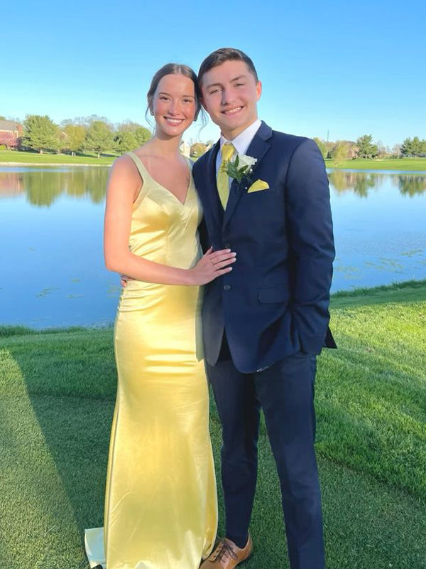 Formal V-neck Mermaid Yellow Satin Long Evening Prom Dresses, GR0603