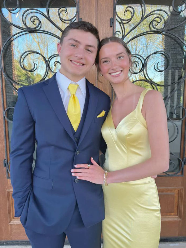 Formal V-neck Mermaid Yellow Satin Long Evening Prom Dresses, GR0603