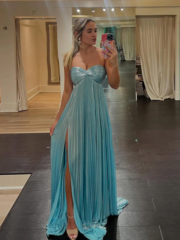 A-line Sweetheart Blue Long Evening Prom Dresses, High Slit Prom Dress, GR0604