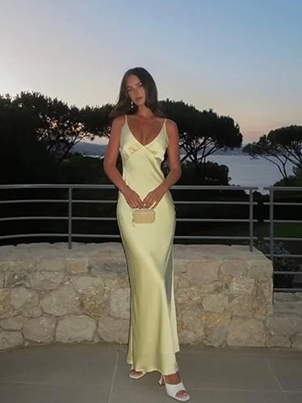 Simple Yellow Silk Spaghetti Straps V-neck Long Evening Prom Dresses, GR0606