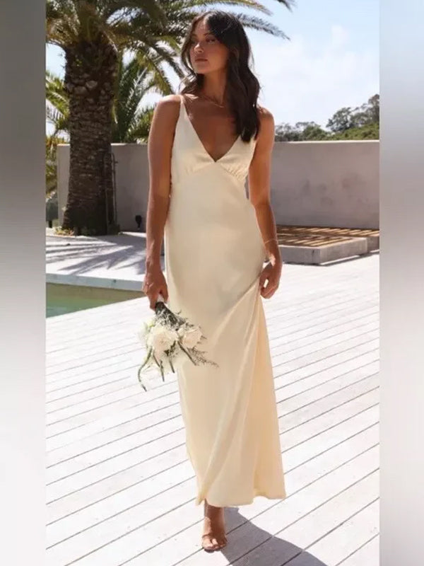 Simple Yellow Silk Spaghetti Straps V-neck Long Evening Prom Dresses, GR0606